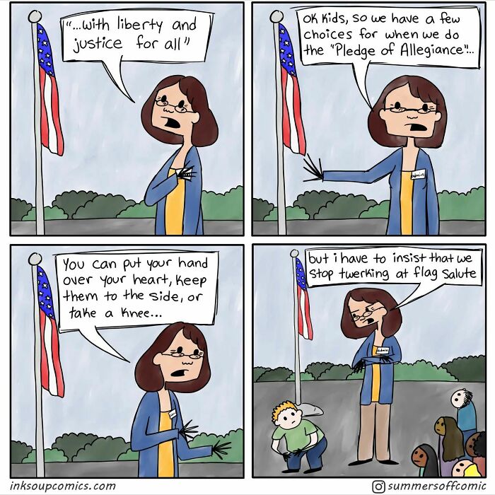 Teacher’s comic humorously illustrating the struggles of teaching with a classroom scene and flag salute options.