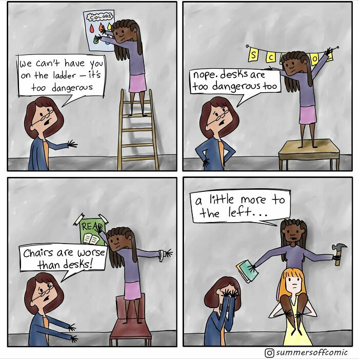 Comic panels showing humorous struggles of teaching with students climbing on ladders, desks, and chairs despite safety concerns.