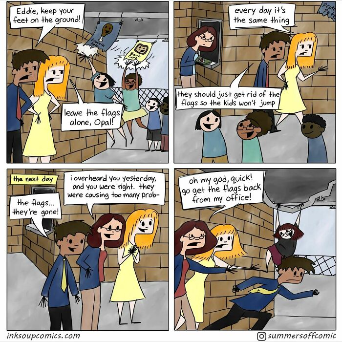 Humorous teacher’s comic depicting daily struggles and chaos with students around flags in a school hallway.