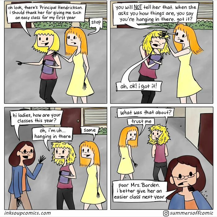 A humorous teacher comic illustrating the struggles and challenges of teaching through relatable classroom scenes.