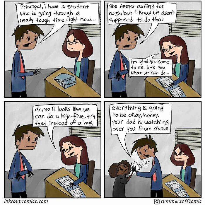 Teacher and principal discuss student struggles with hugs and offer a high-five in this humorous teaching comic.