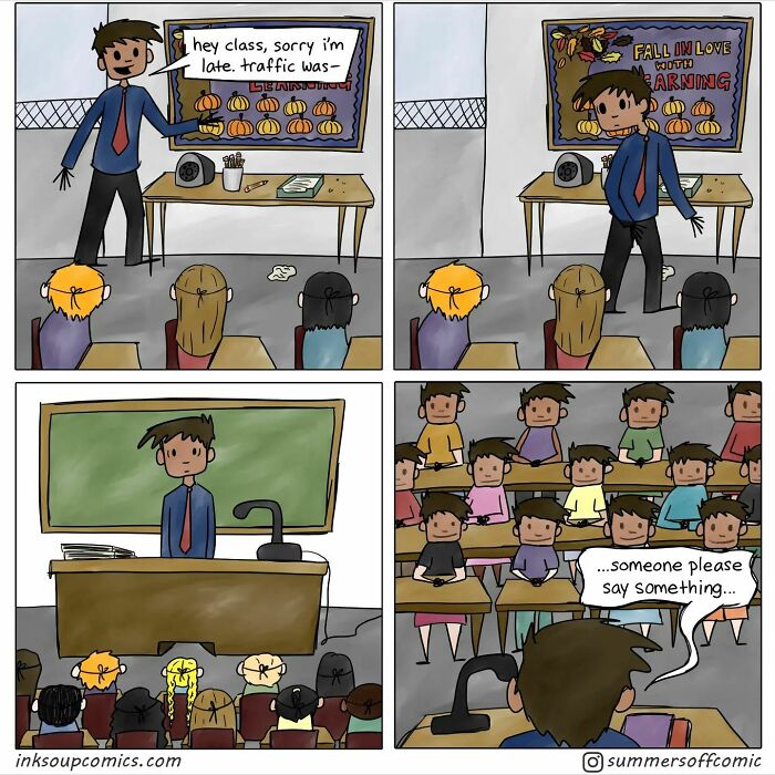Comic depicting a teacher humorously struggling to engage his quiet classroom, highlighting teaching challenges through comics.