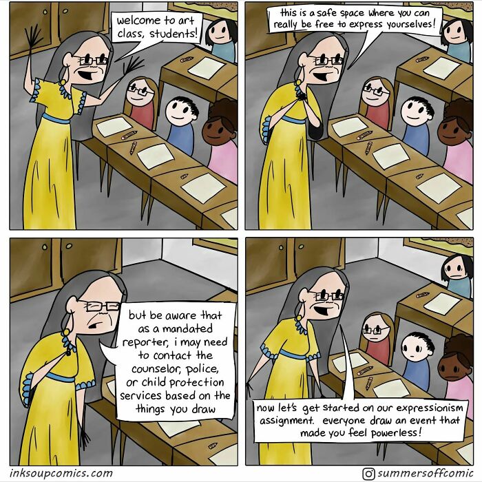 Teacher’s comics humorously depict struggles of teaching as a woman guides students through an art class assignment on expressionism.