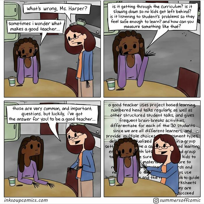 Comic strip showing teachers discussing challenges and strategies in education, highlighting humorous teaching struggles.