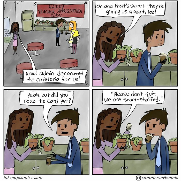 Comic strip showing teachers humorously coping with struggles and staff shortages during Teacher Appreciation Day.