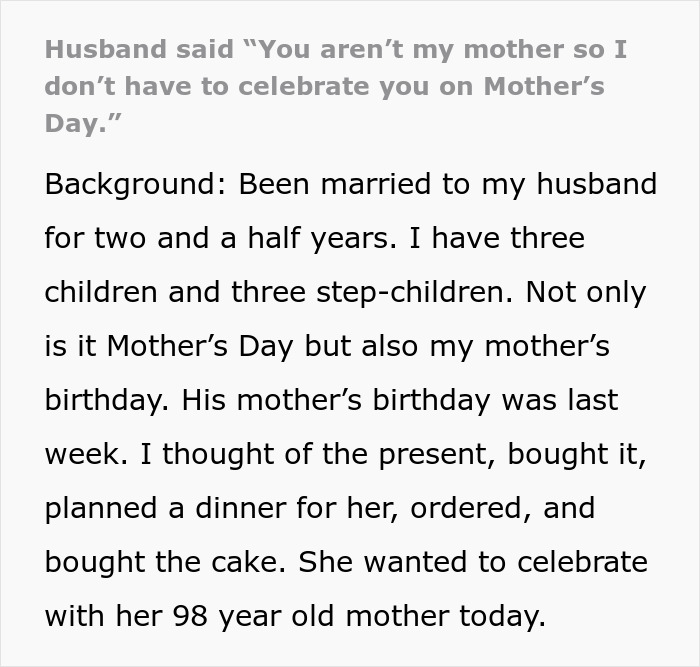 Text image discussing a husband's comment on Mother's Day making his wife cry. Text image discussing a husband's comment on Mother's Day making his wife cry.
