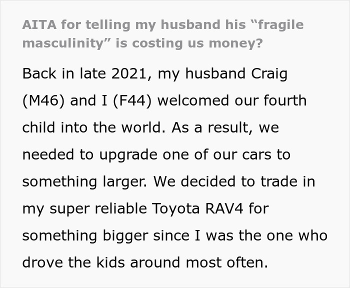 “AITA For Telling My Husband His ‘Fragile Masculinity’ Is Costing Us Money?”