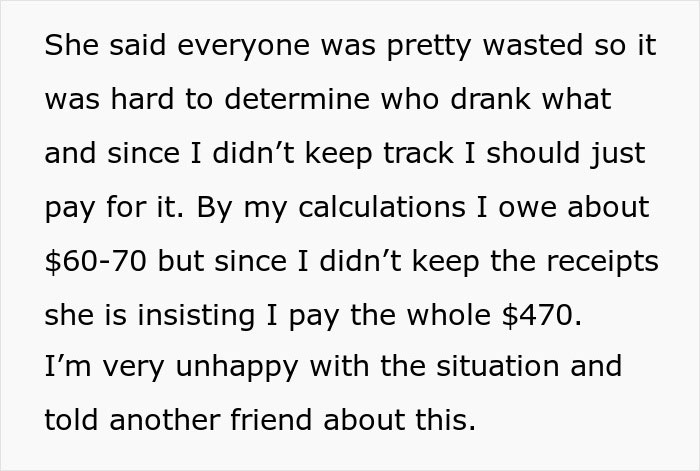 Woman Didn't Drink Alcohol, Refuses To Pay $470 Of Her 'Share' Of Bill, Asks If She's Wrong Woman Didn't Drink Alcohol, Refuses To Pay $470 Of Her 'Share' Of Bill, Asks If She's Wrong