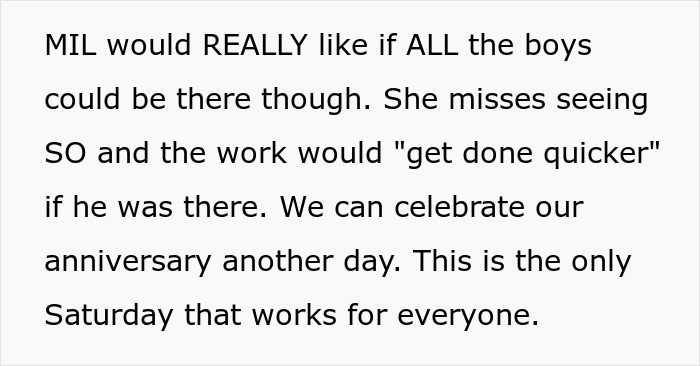MIL Tries To Guilt-Trip Couple Into Spending Their Anniversary Doing Yard Work For Her, Fails MIL Tries To Guilt-Trip Couple Into Spending Their Anniversary Doing Yard Work For Her, Fails