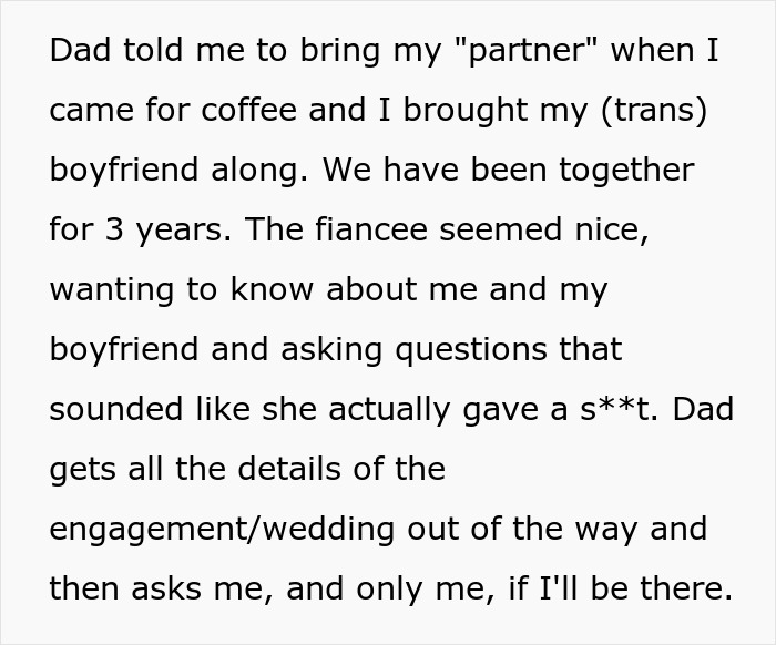 Man Upset Daughter Says She’ll Skip His 5th Wedding And Will Catch The Next As Her BF Isn’t Invited Man Upset Daughter Says She’ll Skip His 5th Wedding And Will Catch The Next As Her BF Isn’t Invited