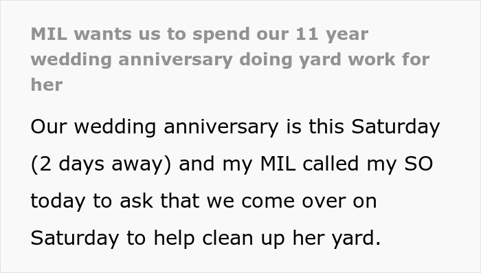 MIL Tries To Guilt-Trip Couple Into Spending Their Anniversary Doing Yard Work For Her, Fails MIL Tries To Guilt-Trip Couple Into Spending Their Anniversary Doing Yard Work For Her, Fails