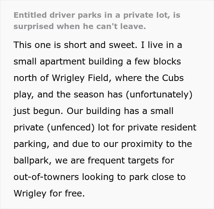 Entitled Man Parks In A Private Lot, Resident Comes Back To No Spaces Left And Executes Karma Entitled Man Parks In A Private Lot, Resident Comes Back To No Spaces Left And Executes Karma