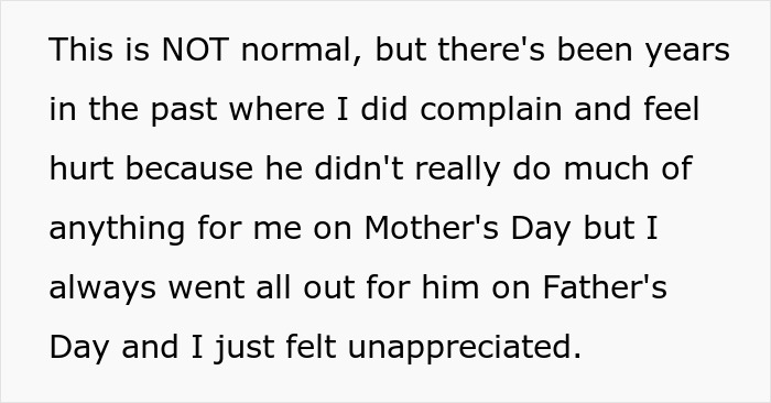 Text excerpt about an unappreciated wife feeling hurt on Mother's Day due to her husband's ignorance. Text excerpt about an unappreciated wife feeling hurt on Mother's Day due to her husband's ignorance.
