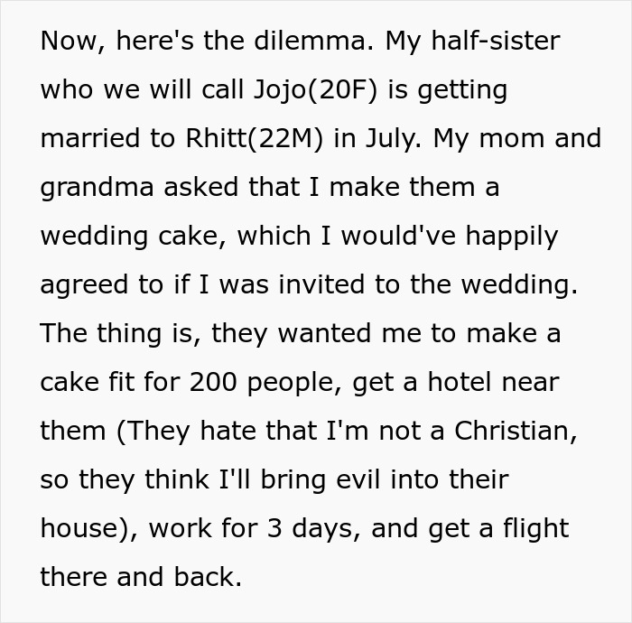 Woman Isn’t Invited To A Wedding Because She’s A “Sinner”, Gets Asked To Bake A Cake For It Woman Isn’t Invited To A Wedding Because She’s A “Sinner”, Gets Asked To Bake A Cake For It