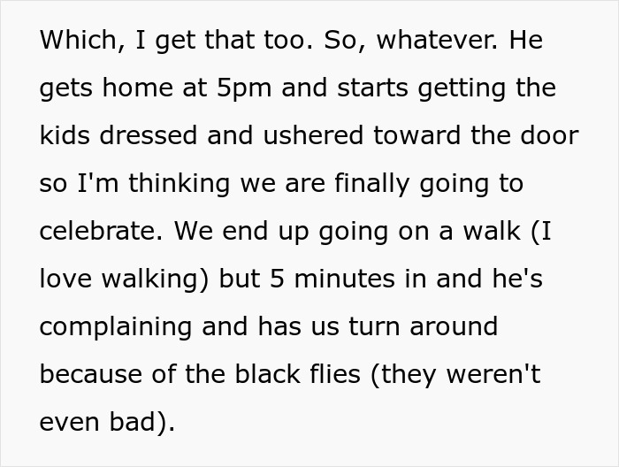 Text excerpt about a husband's unplanned Mother’s Day outing leading to disappointment due to his complaints. Text excerpt about a husband's unplanned Mother’s Day outing leading to disappointment due to his complaints.