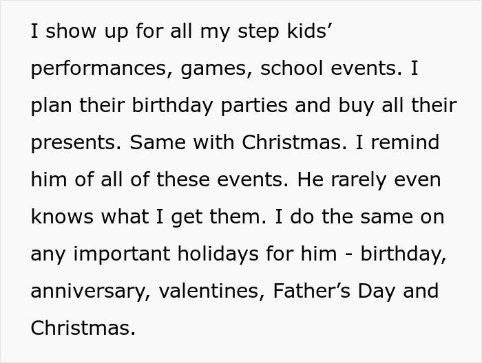 Text expressing a wife's effort for stepchildren's events and holidays, highlighting husband's lack of contribution on Mother’s Day. Text expressing a wife's effort for stepchildren's events and holidays, highlighting husband's lack of contribution on Mother’s Day.