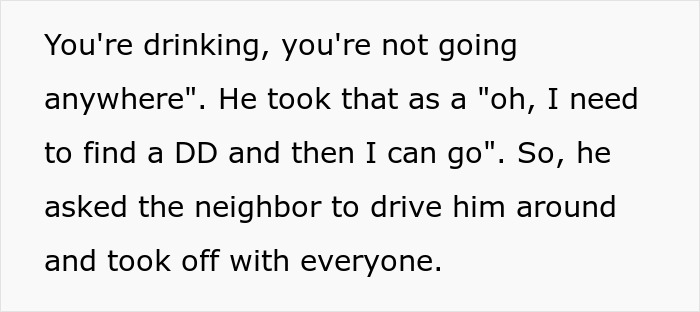 Text discussing an ignorant husband misunderstanding advice about drinking and driving with a designated driver. Text discussing an ignorant husband misunderstanding advice about drinking and driving with a designated driver.