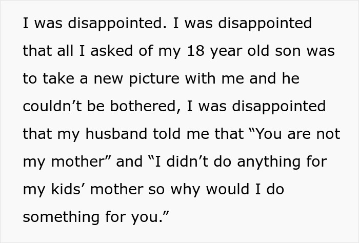 Text expressing disappointment from a wife after a husband's comment on Mother's Day. Text expressing disappointment from a wife after a husband's comment on Mother's Day.
