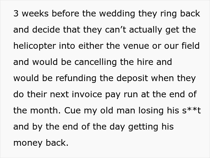 Helicopter Company Rejects An Order 3 Weeks Before Wedding, Relatives Take Some Sweet Revenge Helicopter Company Rejects An Order 3 Weeks Before Wedding, Relatives Take Some Sweet Revenge