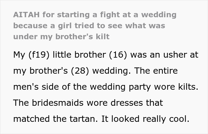 Woman Gets Slapped At A Wedding For Trying To Lift 16 Y.O. Boy’s Kilt, Plays The Victim
