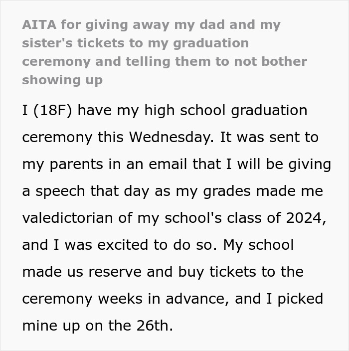 Teen Spites Dad And Sister Who Planned To Skip Her Graduation By Giving Away Their Tickets Teen Spites Dad And Sister Who Planned To Skip Her Graduation By Giving Away Their Tickets