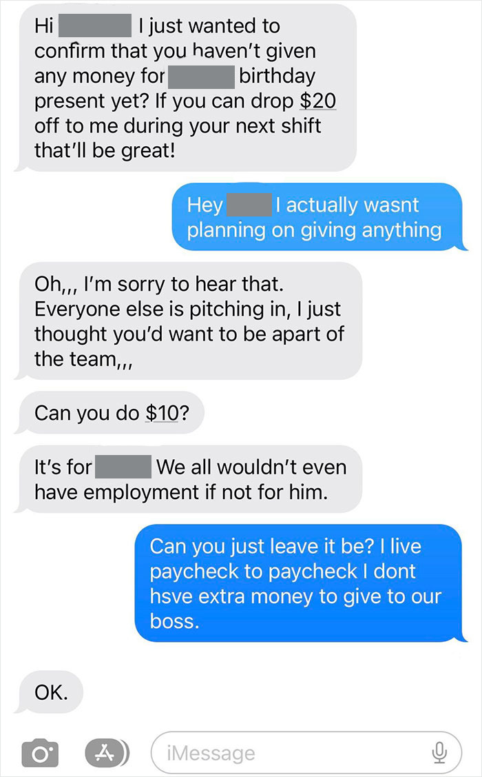 The Office Manager Tries To Bully Me Into Giving Money For A Present For Our Millionaire Boss