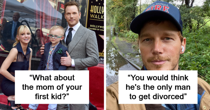 Chris Pratt with family on Hollywood Walk of Fame and a selfie, highlighting controversy over his ex-wife comments.