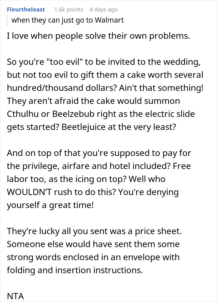 Woman Isn’t Invited To A Wedding Because She’s A “Sinner”, Gets Asked To Bake A Cake For It Woman Isn’t Invited To A Wedding Because She’s A “Sinner”, Gets Asked To Bake A Cake For It
