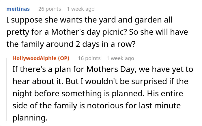 MIL Tries To Guilt-Trip Couple Into Spending Their Anniversary Doing Yard Work For Her, Fails MIL Tries To Guilt-Trip Couple Into Spending Their Anniversary Doing Yard Work For Her, Fails
