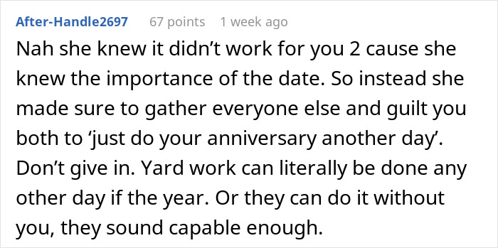 MIL Tries To Guilt-Trip Couple Into Spending Their Anniversary Doing Yard Work For Her, Fails MIL Tries To Guilt-Trip Couple Into Spending Their Anniversary Doing Yard Work For Her, Fails