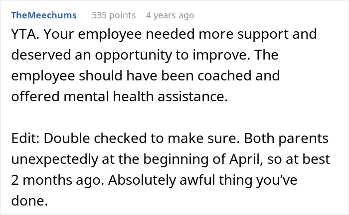 Manager Thinks They’re Justified In Firing Grieving Worker For Underperforming, Regrets It Manager Thinks They’re Justified In Firing Grieving Worker For Underperforming, Regrets It