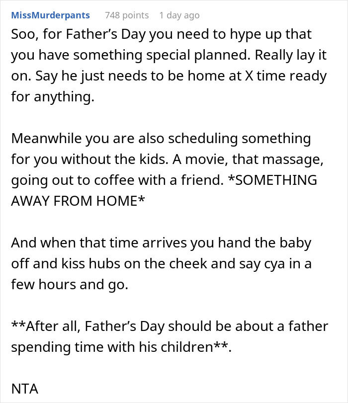 Text exchange about planning a special day for a husband, with emphasis on personal time and responsibility. Text exchange about planning a special day for a husband, with emphasis on personal time and responsibility.