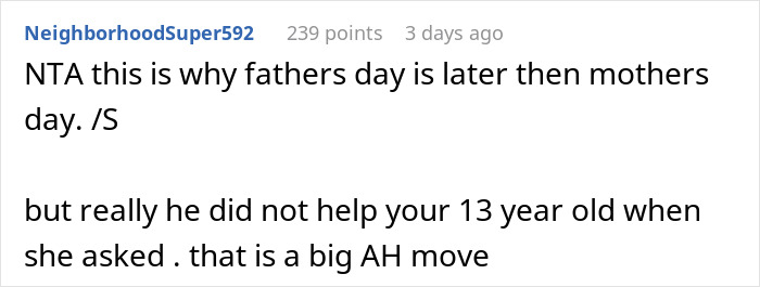 Text from a comment about a husband refusing to help on Mother's Day, emphasizing fatherly responsibility. Text from a comment about a husband refusing to help on Mother's Day, emphasizing fatherly responsibility.