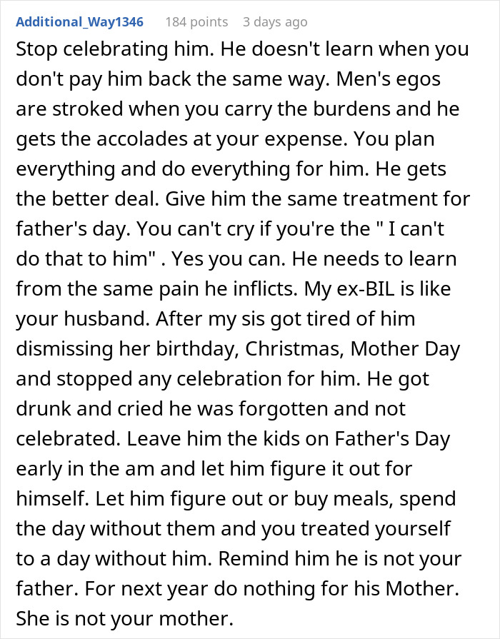 Reddit comment detailing frustrations over a husband's lack of appreciation on Mother’s Day. Reddit comment detailing frustrations over a husband's lack of appreciation on Mother’s Day.
