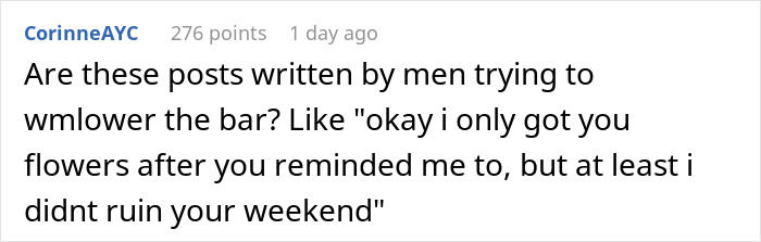 Comment humorously questioning if some posts lower standards for a husband’s surprise on Mother's Day. Comment humorously questioning if some posts lower standards for a husband’s surprise on Mother's Day.