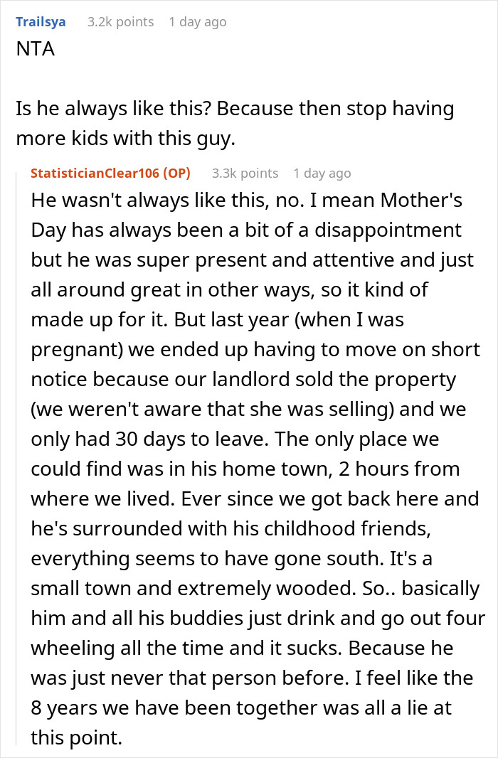 Reddit comments discussing an ignorant husband's Mother's Day surprise that upset his wife. Reddit comments discussing an ignorant husband's Mother's Day surprise that upset his wife.