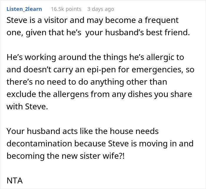 Man Puts Friend's Food Allergies Above Spouse's, So They Refuse To Get Rid Of Allergens At Home Man Puts Friend's Food Allergies Above Spouse's, So They Refuse To Get Rid Of Allergens At Home