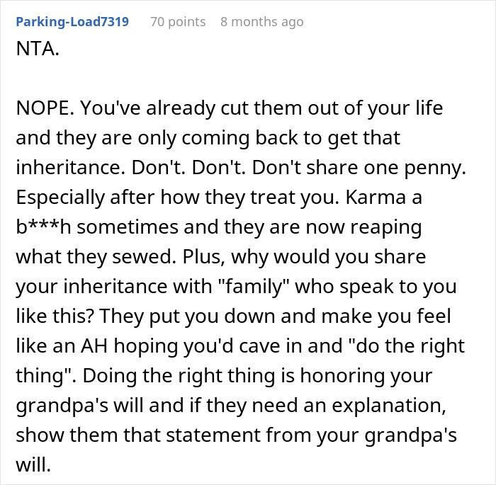 "The Will Is Pretty Airtight": Woman Refuses To Share Inheritance With Family Who Betrayed Her "The Will Is Pretty Airtight": Woman Refuses To Share Inheritance With Family Who Betrayed Her