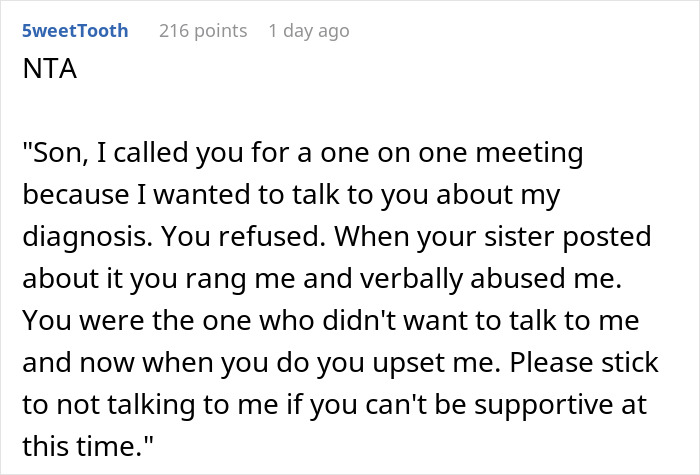 Son Says He'll Only Talk To Mom When His Wife Is Around, Learns About Her Diagnosis From Instagram Son Says He'll Only Talk To Mom When His Wife Is Around, Learns About Her Diagnosis From Instagram