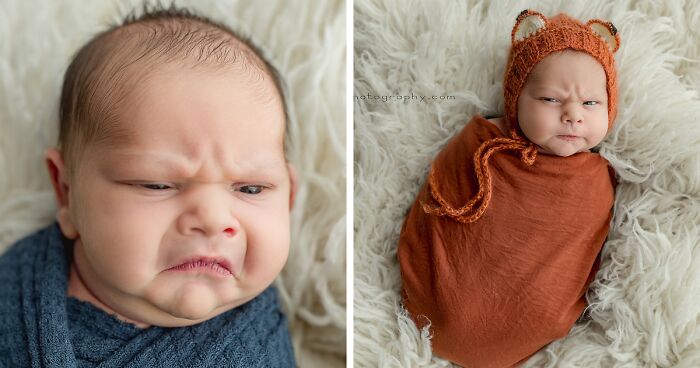Newborn Grumpy Baby Breaks The Internet With Squishy Cheeks, Zero Smiles, And All Sass