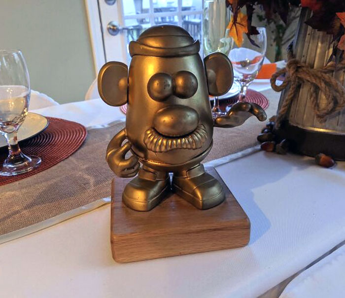 Every Year, My In-Laws Do A Thanksgiving Potato Peeling Contest. Winner Gets To Keep The Trophy Till Next Year