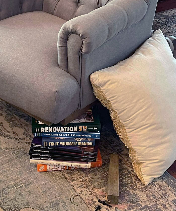 My Sister-In-Law Just Posted This. She Told My Brother, "Use Those DIY Books And Fix The Chair", Done