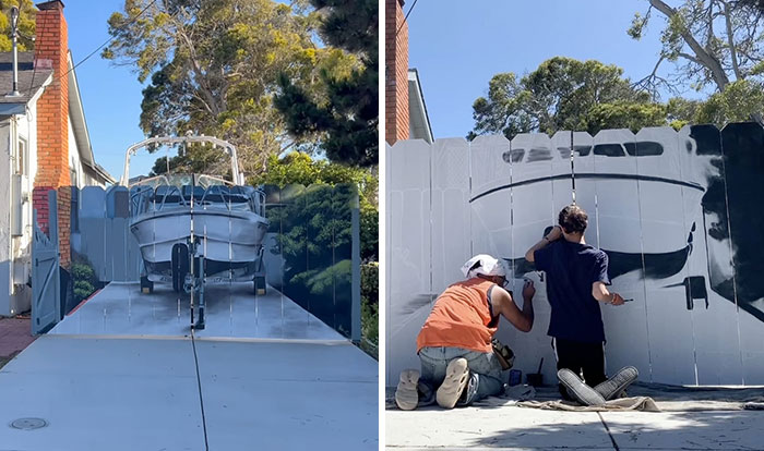 City Forces Guy To Build A Fence To Hide His Boat, He Complies Maliciously And Paints A Mural On It