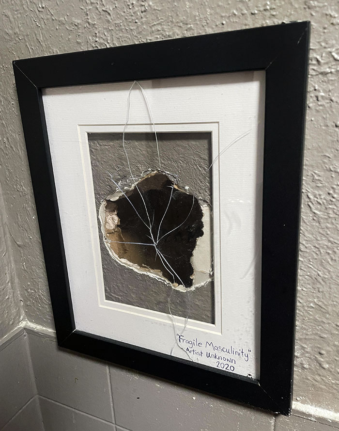 Restaurant I Ate At Framed This Hole Someone Punched In The Men's Restroom