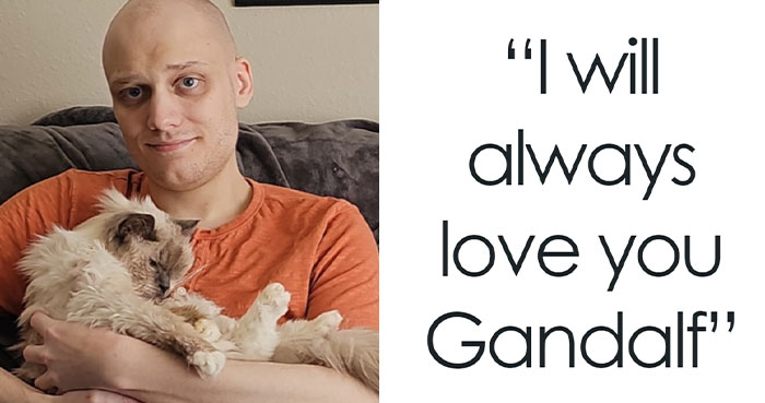 Man Reenacts 20-Year-Old Pic With Childhood Cat “Gandalf” Before Putting Him To Sleep