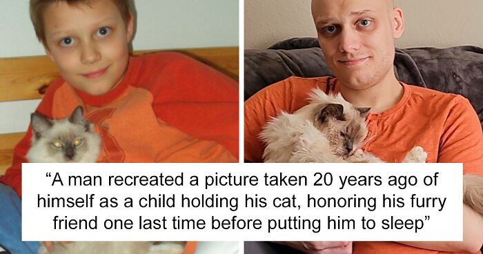 Man Reenacts 20-Year-Old Pic With Childhood Cat “Gandalf” Before Putting Him To Sleep