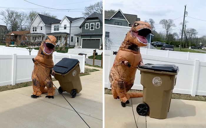 My Neighbor Texted Me These Pictures She Took Of Me Taking Out The Trash In A Dinosaur Costume