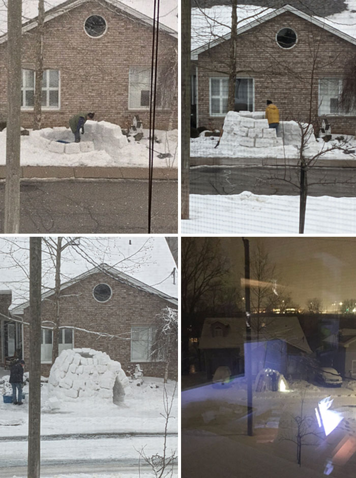 The View From My Desk. My 65-Year-Old Neighbor, Who Can’t Sit Still, Is Making A Snow Fort. No Children In Sight