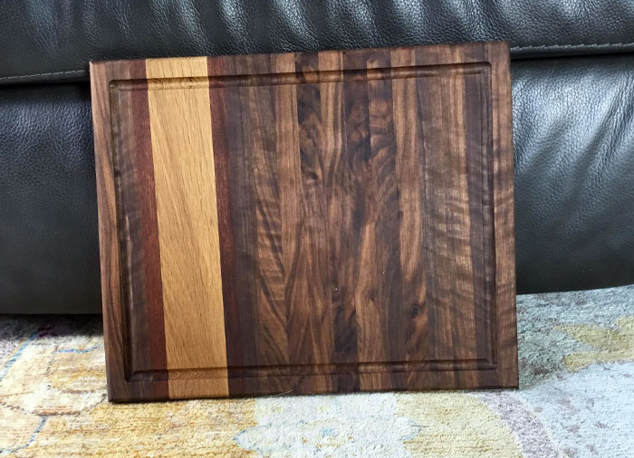 A Cutting Board I Made For My Mom For Mother's Day. Made From Black Walnut, Sapelli, And Oak. I'm 14 