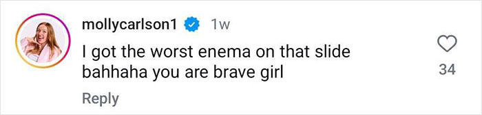 Comment on social media from user mollycarlson1 praising a thrill-seeking diver who jumps down an extreme waterslide despite the strict ban for women. Comment on social media from user mollycarlson1 praising a thrill-seeking diver who jumps down an extreme waterslide despite the strict ban for women.
